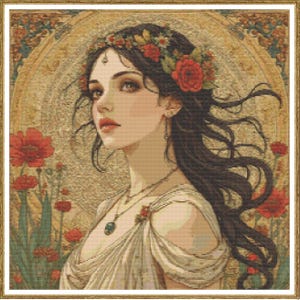 Persephone Cross Stitch Pattern, Greek Goddess of Spring Embroidery, Mythology Needlework, Floral Crown Art, Fantasy Goddess Design