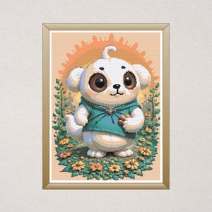 Adorable Chibi pup in a Meadow  Cross Stitch Pattern PDF