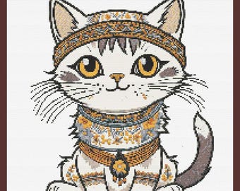 Small White Boho Cat Cross Stitch Pattern – Easy Beginner PDF – Cute Animal Embroidery for Kids – Instant PDF download- Whimsical white cat