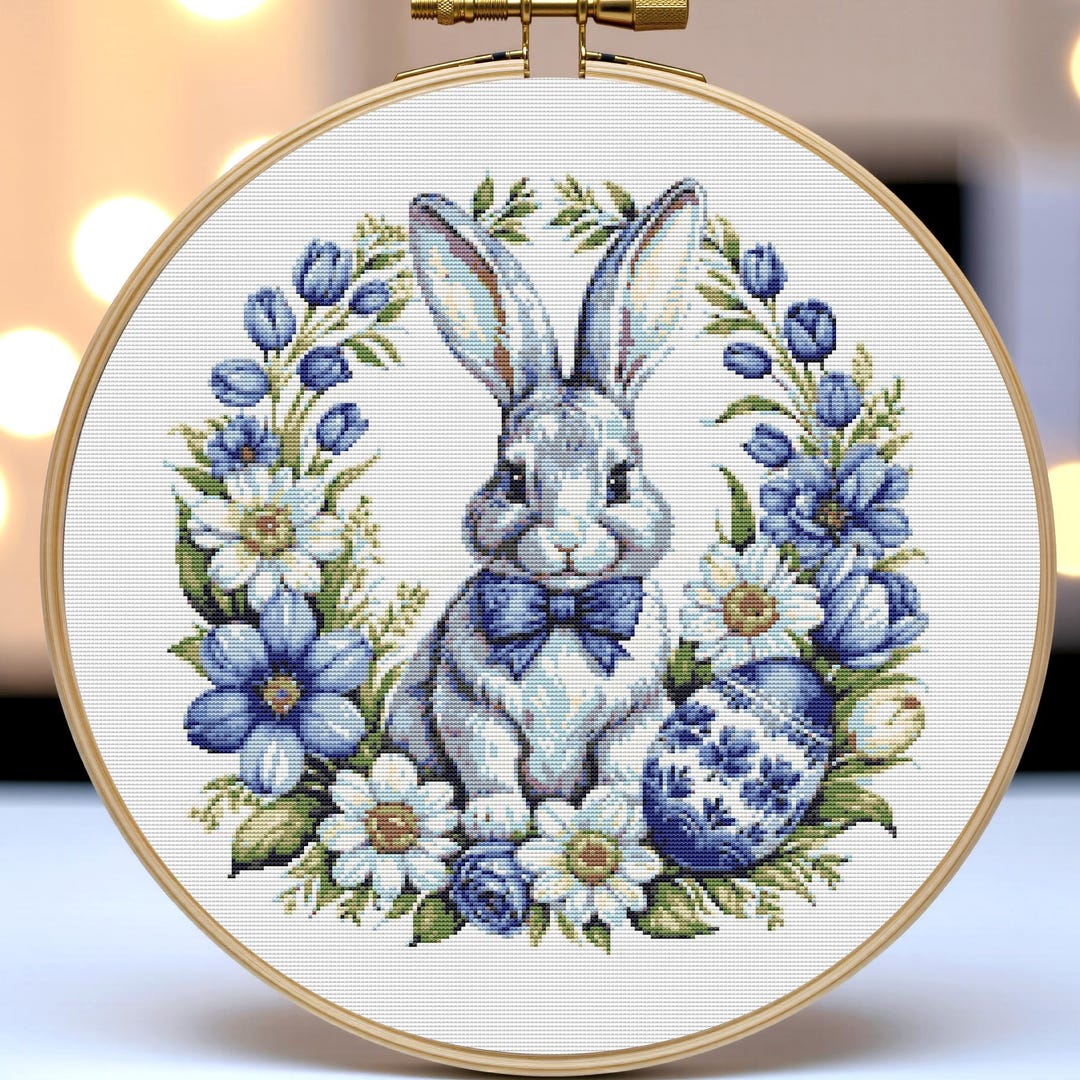 Easter Bunny 316 Counted Cross Stitch Pattern, Blue Floral Wreath and ...