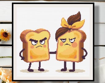 Mr and Mrs Angry Toast Cross Stitch Pattern PDF – Funny Cartoon Bread Characters – Quirky Modern Embroidery Design – Cute Foodie DIY Gift
