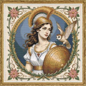 Athena Goddess Cross Stitch Pattern PDF | Greek Goddess of Wisdom and War, Owl, Golden Helmet, Shield, Greek Mythology Woman Embroidery