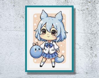 Chibi Fox Girl Cross Stitch Pattern – Whimsical Anime-Style PDF – Kawaii Cute Embroidery Design – Digital Stitch Chart for Instant Download