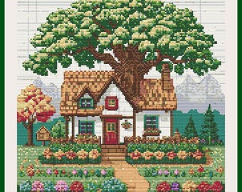 Whimsical Cottage Cross Stitch Pattern – Storybook House Under Flowering Tree – Fairy Tale Countryside Embroidery PDF Design