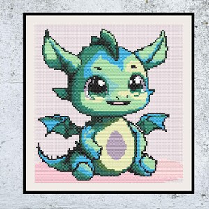 Green Adorable Baby Dragon Cross Stitch Pattern – Fantasy Creature with Big Eyes, Whimsical PDF Design for Magical Nursery or Gift Idea