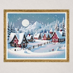Winter Dorf Verschneite Cottages Kreuzstichmuster Landschaft Nadelspitze | Weihnachten Kreuzstich PDF Download | Gemütliche Winter-Stickerei