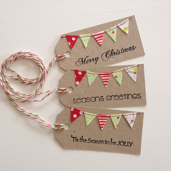 Christmas Bunting Tags stamped and sewn - set 3