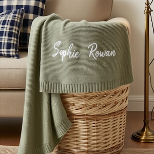 Personalized Baby Blanket - Custom Embroidered Name Baby Shower Gift, Soft Cotton Knit Newborn Blanket, Keepsake Receiving Swaddle Blanket