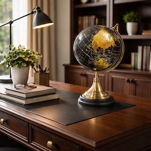 Antyczny mosiężny globus – dekoracja biurka w stylu vintage, gabinet biblioteczny