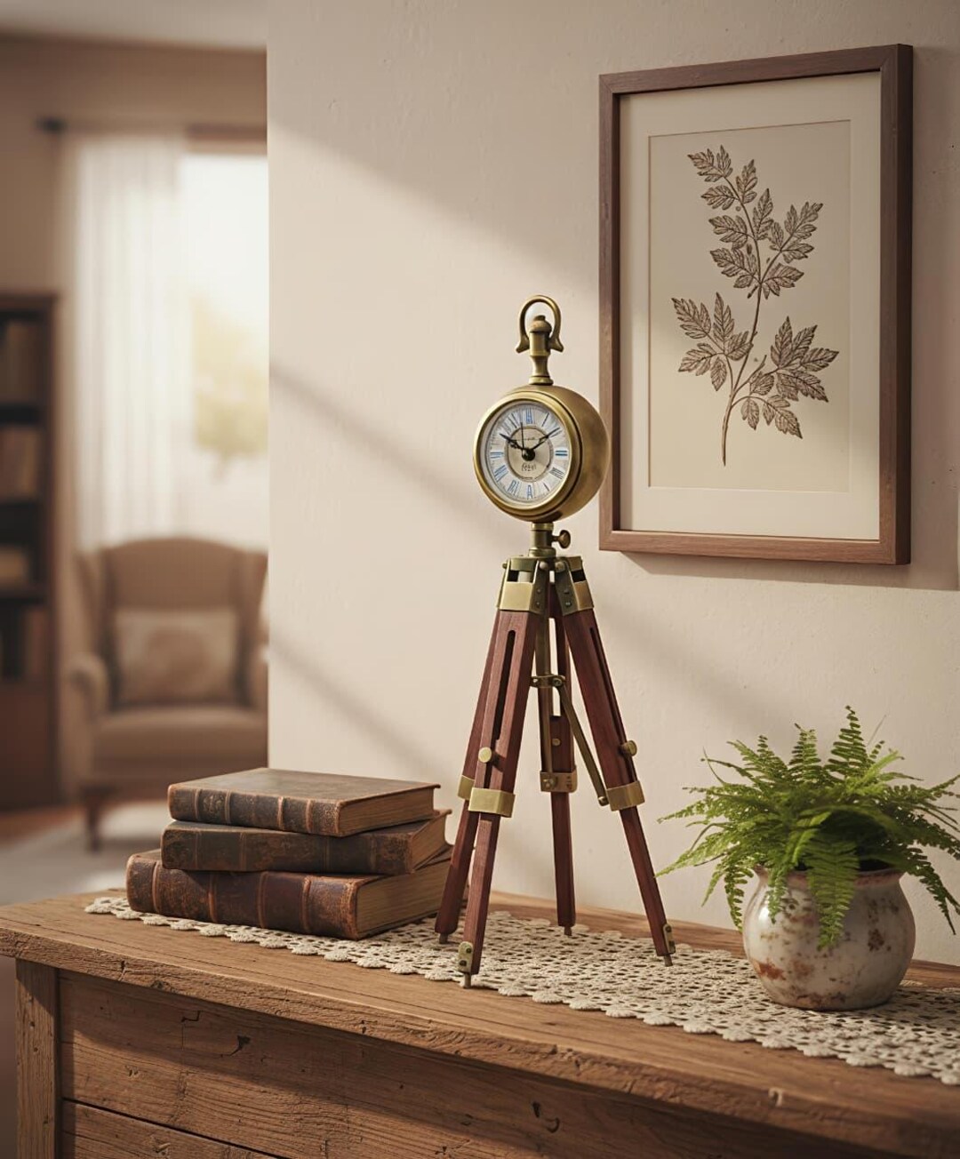Rustic Timepiece Custom Wooden Tripod Clock With Roman Numerals – Elegant Home Office ...