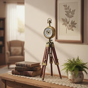 Op de afbeelding: Een vintage stijl messing en houten klok op een statief. De klok heeft een ronde wijzerplaat met Romeinse cijfers en staat op een donkerhouten statief met messing accenten. Een ingelijste botanische print en een kleine potvaren zijn ook zichtbaar.