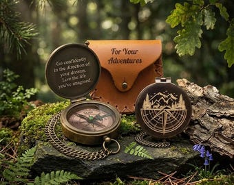Bússola vintage personalizada com estojo de couro, bússola de caminhada gravada, presente para homens, presente de aventura, presente de formatura, decoração náutica
