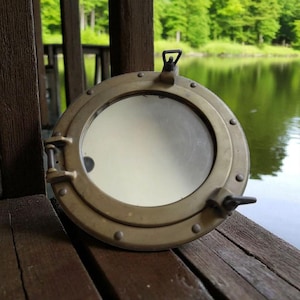 15&quot; Solid Brass Porthole Window – Nautical Wall Decor – Beach House Ocean Round Mirror – Ship Cabin Porthole – Coastal Home Decor – Marine G