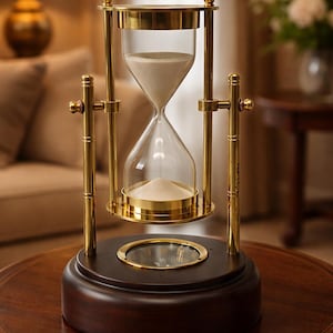 May include: An elegant hourglass with a clear glass bulb filled with white sand, set within a gold-coloured metal frame. The hourglass sits on a dark brown wooden base with a circular glass window. The design is decorative.