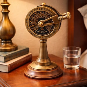 Può includere: Un telegrafo di nave in ottone, con la scritta "SHIP TELEGRAPH" e "LIVERPOOL LONDON 1866". Il telegrafo ha una maniglia e un quadrante che indica i comandi di velocità. È posto su una base di legno, accanto a una lampada e un bicchiere d'acqua.