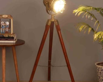 Brass Antique Tripod Floor Lamp, Brown Wooden Tripod Lamp, Mid Century Modern Floor Lamp, Adjustable Reading Light, Industrial Living Room.