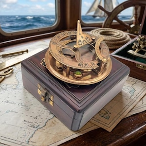 Bússola de latão antigo de 5 polegadas e relógio de sol Gilbert - Um presente único de elegância com relógio de sol, réplica de relógio de navio e caixa de presente de apresentação