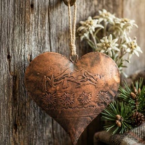 Pode incluir: Um ornamento de cobre em forma de coração com uma cordilheira em relevo e uma fila de quatro flores de edelweiss. O metal tem um acabamento de pátina escura e desgastada, pendurado por um laço de corda de juta num pequeno anel metálico.