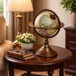 Globo terráqueo antiguo de latón - Decoración de escritorio vintage de 33 cm - Decoración de geografía náutica - Globo terráqueo con mapa vintage sobre soporte - Biblioteca, sala de estudio, oficina