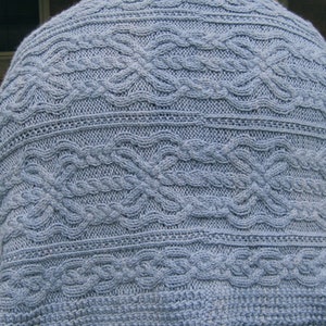 May include: A close-up of a light blue knitted blanket with a cable knit pattern.