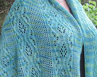 Knit Shawl Pattern:  Bellinna Mesh and Cable Lace Shawl Knitting Pattern