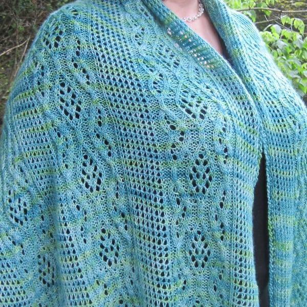 Knit Shawl Pattern:  Bellinna Mesh and Cable Lace Shawl Knitting Pattern