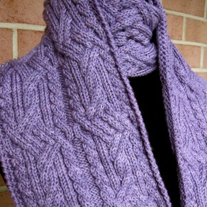 May include: A purple knitted scarf with a cable knit pattern.