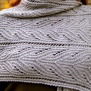 Könnte beinhalten: Ein grauer gestrickter Schal mit einem Spitzenmuster. Der Schal ist über die Schultern einer Person gelegt.