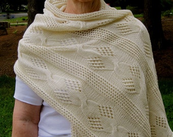 Knit Wrap Pattern:  Mesh and Cable Lace Shawl Knitting Pattern