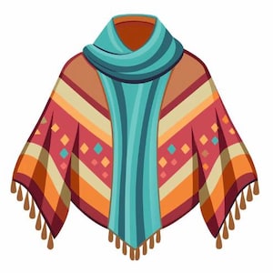 May include: A poncho featuring a vibrant geometric pattern in shades of red, orange, and beige, accented with small teal diamond shapes. The garment includes a solid teal scarf-like collar draped over the front and brown tassels along the hem.