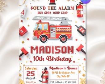Fire Truck Birthday Invitation, Firetruck Party Invite, Fire Engine Invitation, Firefighter Birthday, Editable Canva Template