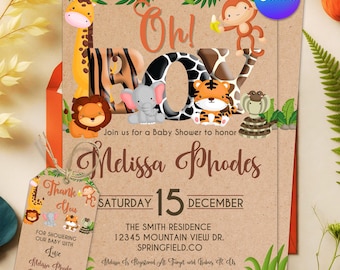 Faire-part de baby shower Oh Boy Safari modifiable, invitation de baby shower dans la jungle, Invitation animaux de safari de la jungle dans la verdure, modèle de toile