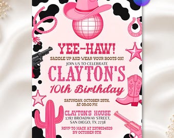 Invitación de cumpleaños de vaquera, invitación para fiesta en Nashville, fiesta de cumpleaños de vaquera espacial, vaquera rosa, rodeo disco, plantilla editable de Canva