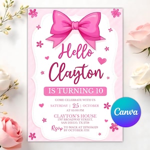 Editable Kitten Birthday Invitation, Pink Girl's Kitty Party Evite, Cute Ribbon Digital Template, Instant Download, Canva Template