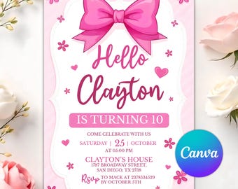 Invito di compleanno modificabile per gattini, invito per festa a tema gattini rosa, modello digitale con nastro carino, download immediato, modello Canva