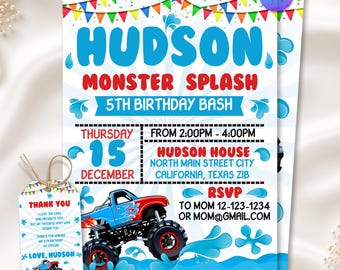 Invitación a fiesta en la piscina con temática de Monster Truck, invitación a fiesta de cumpleaños con temática de Monster Splash, invitación a fiesta de verano con temática de Splash, invitación a fiesta de cumpleaños infantil, Canva