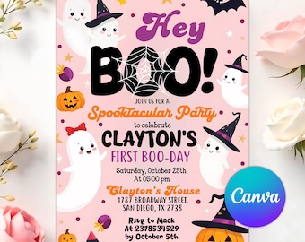 Spooky One Invitation Pink, Halloween Ghost 1st Birthday Party Invite, Cute Pink Ghost 1st Birthday, First Boo Day Halloween Invitation Girl
