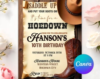 Western Hoedown Birthday Invitation, Cowboy Party Birthday Invite, Saddle Up And Put Your Boots On, Country Western, Any Age, Editable Canva
