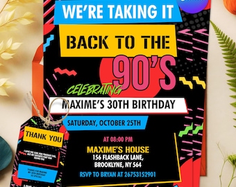 Modelo de convite para festa de aniversário retrô dos anos 90, festa disco neon, de volta aos anos 90, convite para festa nostálgica, modelo editável do Canva
