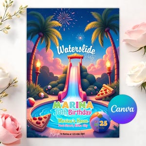 May include: A vibrant invitation for a waterslide party, featuring a pink and blue waterslide, palm trees, and a pool. The invitation includes the text "Waterslide Party," "Marina 10th Birthday," and event details. Decorative elements include pizza slices and a beach ball.