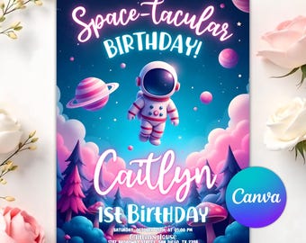 Uitnodiging voor verjaardagsfeestje ruimte, astronaut ruimte thema uitnodiging, Galaxy uitnodiging, bewerkbare ruimte verjaardagsuitnodiging, canvas