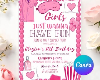 Pink Pajama Slumber Party Invitation, Girls Just Wanna Have Fun Birthday Invite, Sleepover Birthday Invitation, Editable Canva Template