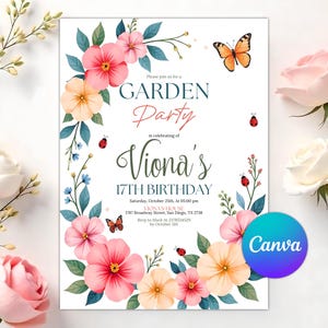 Wildflower Birthday Invitation Garden Party Invite Girl 16th 18th 21st Birthday Floral Spring Flowers Butterfly Editable Canva Template