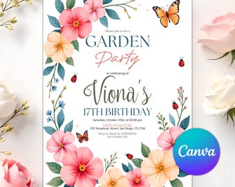 Wildflower Birthday Invitation Garden Party Invite Girl 16th 18th 21st Birthday Floral Spring Flowers Butterfly Editable Canva Template