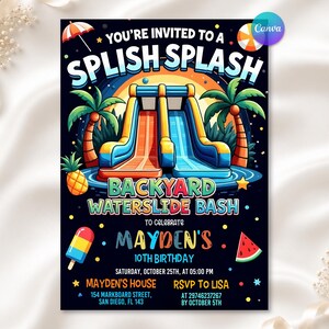 Waterslide Birthday Invitation, Boy Girl Splash Party Invite, Splash Birthday Evite, Water Slide Bash Modern Canva Template Boy Girl