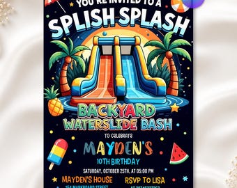 Uitnodiging voor een verjaardag met waterglijbaan, uitnodiging voor een spetterfeestje voor een jongen of meisje, digitale uitnodiging voor een spetterverjaardag, moderne Canva-sjabloon voor een waterglijbaanfeestje voor jongens en meisjes