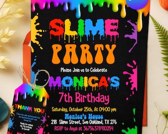 Slime Birthday Invitation, EDITABLE Neon Glow Slime Party Invite Template, Girl Birthday Party, Glitter Slime Time, Slime CANVA Template