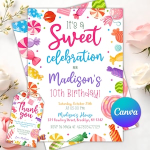 Editable Sweet Celebration Birthday Invitation, Candy Land Invitation, Candy Birthday Party Invitation, Candyland, Printable Canva Template