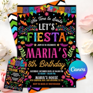 May include: A black invitation with colorful text and floral designs for Maria's 8th birthday. The invitation reads "Let's Fiesta" and includes event details. A matching thank you tag is also visible.