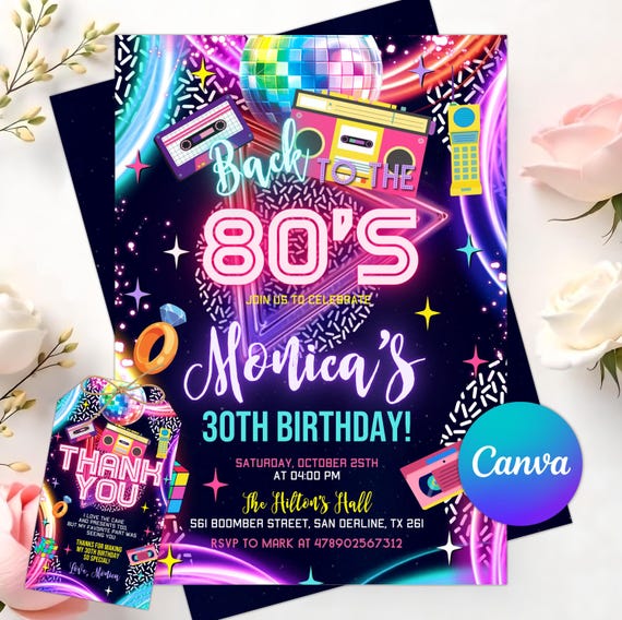 Editable 80s Birthday Party Invitation, Back To The 80s, Throwback Party, Neon Party, Glow Dance, 2000s Birthday, 80s Invitation